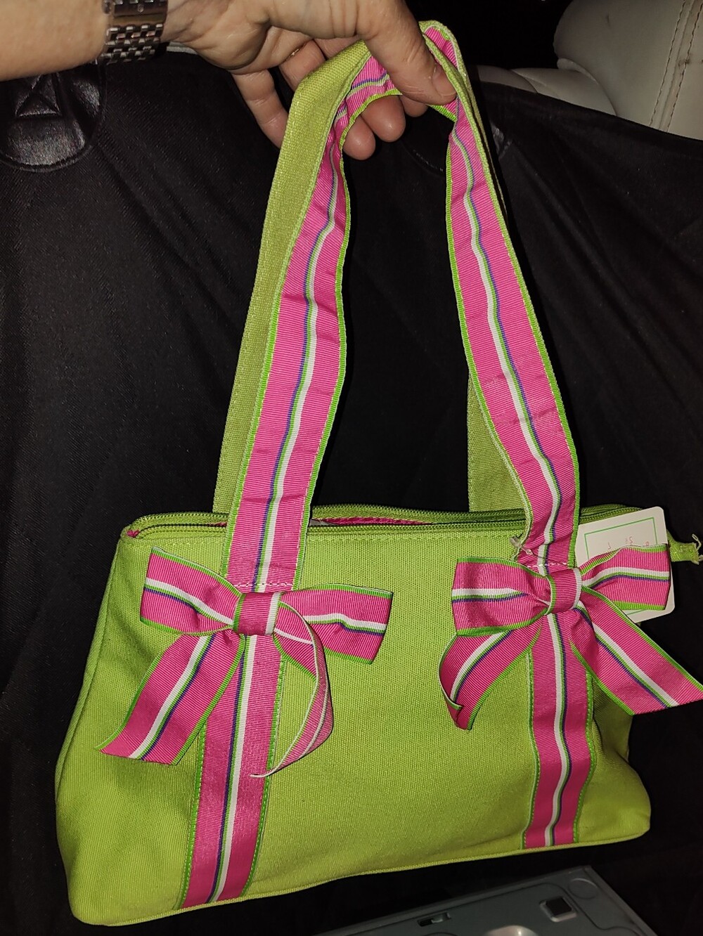 Mercer & Madison Preppy Canvas Bag,🍋‍🟩Lime Green & Pink🎀